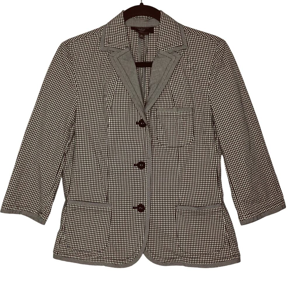 Talbots Retro Summer Blazer Black White Gingham 3 Button Size 10 P 3/4 Sleeve